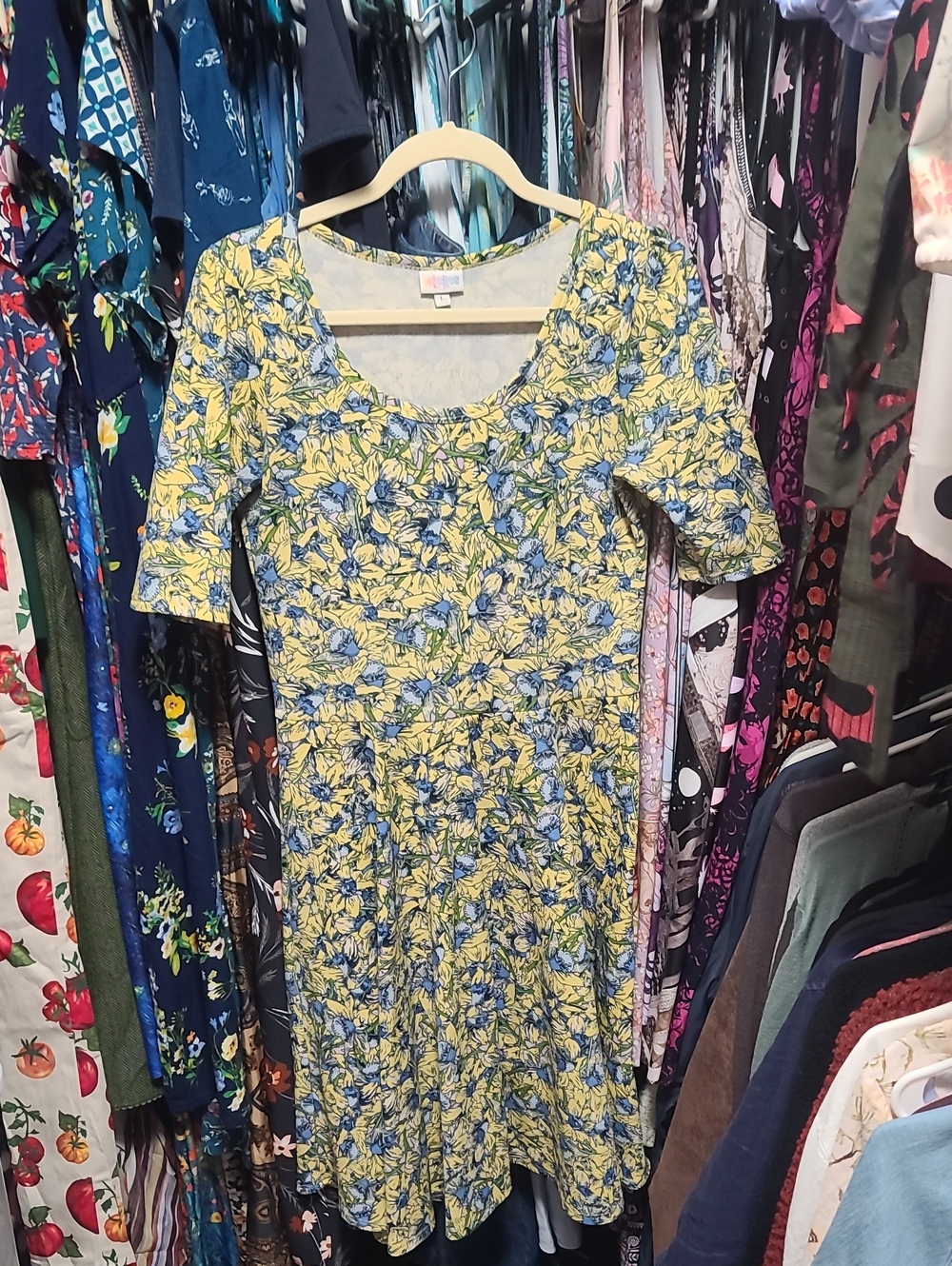 LuLaRoe Yellow Dress with Blue Floral Print
